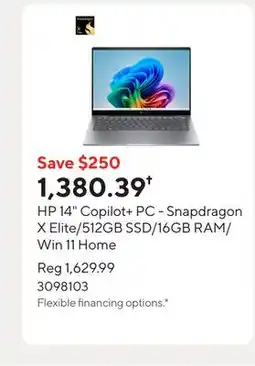 Staples HP 14 Copilot+ PC - Snapdragon X Elite/512GB SSD/16GB RAM/Win 11 Home offer