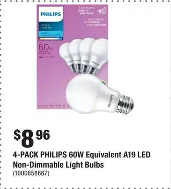 Home Depot 4-PACK PHILIPS 60W Equivalent A19 LED Non-Dimmable Light Bulbs offer