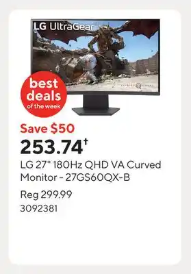 Staples LG 27 180Hz QHD VA Curved Monitor - 27GS60QX-B offer