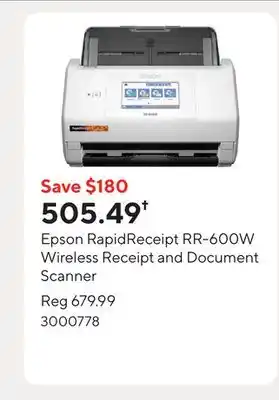 Staples Epson RapidReceipt RR-600W Wireless Receipt and Document Scanner offer