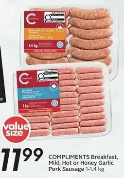 Sobeys Compliments breakfast, mild, hot or honey garlic pork sausage offer