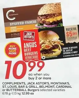 Sobeys Compliments, jack astor's, montana's, st. louis, bar & grill, belmont, cardinal or butterball burgers offer