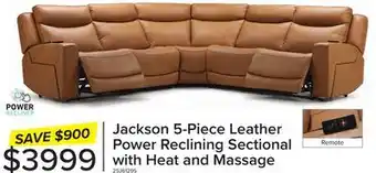 Leon's Jackson Leather 5-Piece Power Reclining Sectional with Heat and Massage - Butternut offer