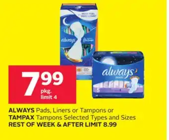 Rexall ALWAYS Pads, Liners or Tampons or TAMPAX Tampons offer