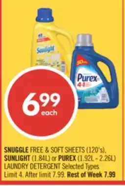 Shoppers Drug Mart SNUGGLE FREE & SOFT SHEETS 120's, SUNLIGHT 1.84L or PUREX 1.92L - 2.26L LAUNDRY DETERGENT offer