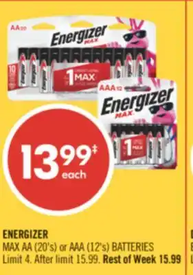 Shoppers Drug Mart ENERGIZER MAX AA (20's) or AAA (12's) BATTERIES offer