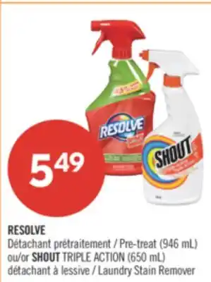 Pharmaprix RESOLVE Pre-treat (946 mL) or SHOUT TRIPLE ACTION (650 mL) Laundry Stain Remover offer