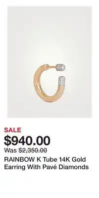 Holt Renfrew RAINBOW K Tube 14K Gold Earring With Pavé Diamonds offer