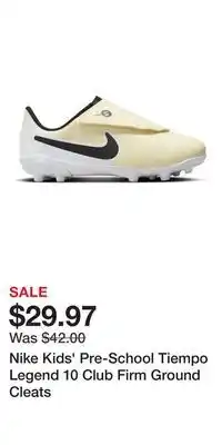 Sport Chek Nike Kids' Pre-School Tiempo Legend 10 Club Firm Ground Cleats offer