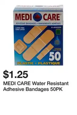 Dollarama MEDI CARE Water Resistant Adhesive Bandages 50PK offer