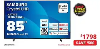 Visions Electronics SAMSUNG Crystal UHD NATIVE 120 PANEL DU8000 Smart TV 120Hz PANEL offer