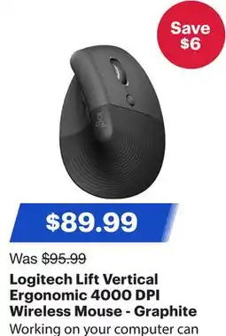 Best Buy Logitech Lift Vertical Ergonomic 4000 DPI Wireless Mouse - Graphite offer