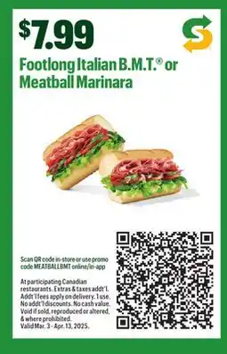 Subway Footlong Italian B.M.T or Meatball Marinara offer