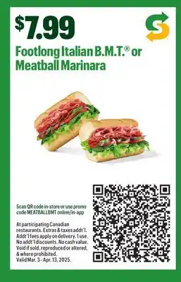 Subway Footlong Italian B.M.T or Meatball Marinara offer