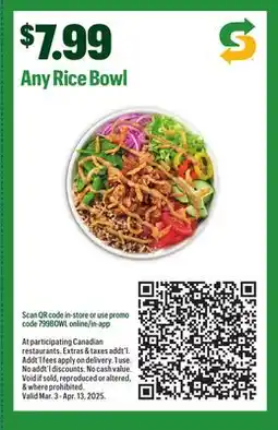 Subway Rice Bowl offer