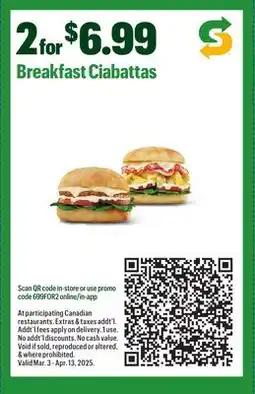 Subway Breakfast Ciabattas offer