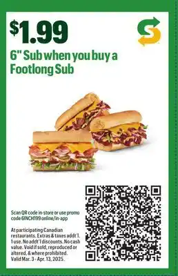 Subway 6 Sub Footlong Sub offer