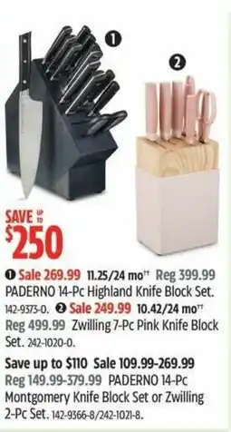 Canadian Tire Paderno montgomery knife block set or zwilling 2-pc set offer