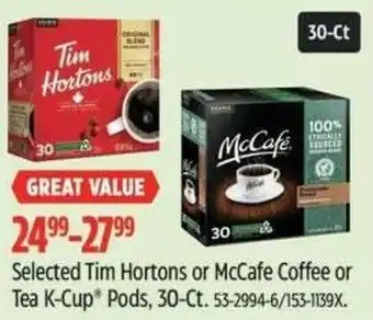 Canadian Tire Selected tim hortons or mccafe coffee or tea k-cup pods offer