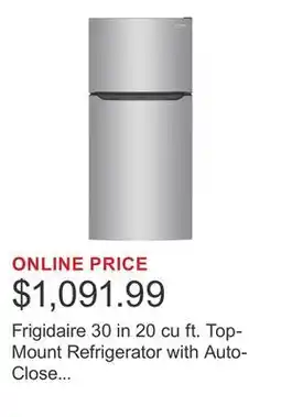 Costco Frigidaire 30 in 20 cu ft. Top-Mount Refrigerator with Auto-Close Doors offer