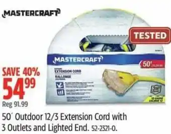 Canadian Tire Mastercraft 50' outdoor 12/3 extension cord with 3 outlets and lighted end offer