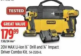 Canadian Tire Dewalt 20v max li-ion ½" drill and 4" impact driver combo kit offer