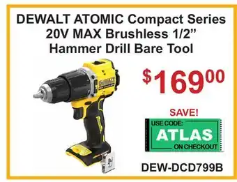 Atlas Tools & Machinery DEWALT ATOMIC Compact Series 20V MAX Brushless 1/2 Hammer Drill Bare Tool offer