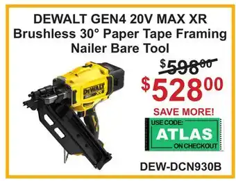 Atlas Tools & Machinery DEWALT GEN4 20V MAX XR Brushless 30° Paper Tape Framing Nailer Bare Tool offer