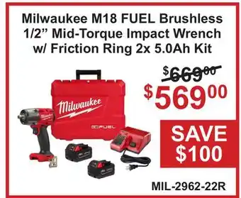 Atlas Tools & Machinery Milwaukee M18 FUEL Brushless 1/2 Mid-Torque Impact Wrench w/ Friction Ring 2x 5.0Ah Kit offer