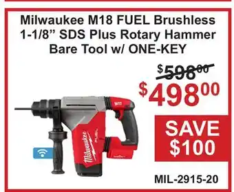 Atlas Tools & Machinery Milwaukee M18 FUEL Brushless 1-1/8 SDS Plus Rotary Hammer Bare Tool w/ ONE-KEY offer