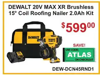 Atlas Tools & Machinery DEWALT 20V MAX XR Brushless 15° Coil Roofing Nailer 2.0Ah Kit offer