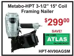 Atlas Tools & Machinery Metabo-HPT 3-1/2 15° Coil Framing Nailer offer