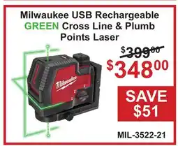 Atlas Tools & Machinery Milwaukee USB Rechargeable Green Cross Line & Plumb Points Laser offer