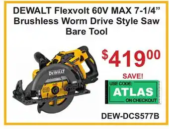 Atlas Tools & Machinery DEWALT Flexvolt 60V MAX 7-1/4 Brushless Worm Drive Style Saw Bare Tool offer