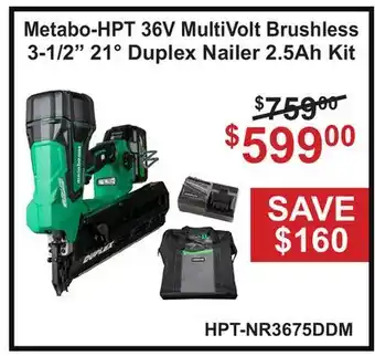 Atlas Tools & Machinery Metabo-HPT 36V MultiVolt Brushless 3-1/2 21° Duplex Nailer 2.5Ah Kit offer