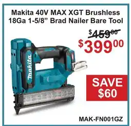 Atlas Tools & Machinery Makita 40V MAX XGT Brushless 18Ga 1-5/8 Brad Nailer Bare Tool offer