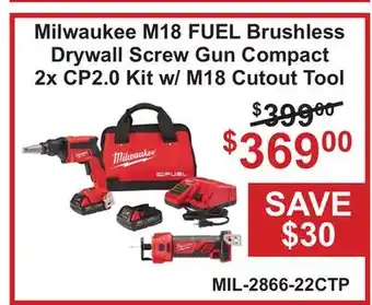 Atlas Tools & Machinery Milwaukee M18 FUEL Brushless Drywall Screw Gun Compact 2x CP2.0 Kit w/ M18 Cutout Tool offer