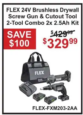 Atlas Tools & Machinery FLEX 24V Brushless Drywall Screw Gun & & Cutout Tool 2-Tool Combo 2x 2.5Ah Kit offer