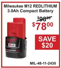 Atlas Tools & Machinery Milwaukee M12 REDLITHIUM 3.0Ah Compact Battery offer