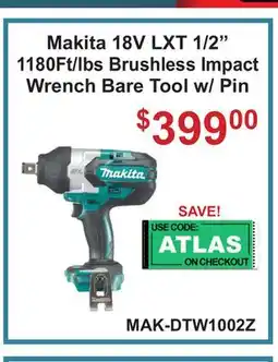 Atlas Tools & Machinery Makita 18V LXT 1/2 1180Ft/lbs Brushless Impact Wrench Bare Tool w/ Pin offer