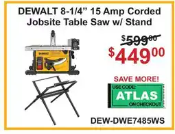 Atlas Tools & Machinery DEWALT 8-1/4 15 Amp Corded Jobsite Table Saw w/ Stand offer