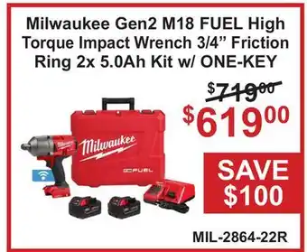 Atlas Tools & Machinery Milwaukee Gen2 M18 FUEL High Torque Impact Wrench 3/4 Friction Ring 2x 5.0Ah Kit w/ ONE-KEY offer