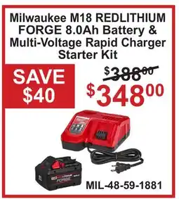 Atlas Tools & Machinery Milwaukee M18 REDLITHIUM FORGE 8.0Ah Battery & Multi-Voltage Rapid Charger Starter Kit offer