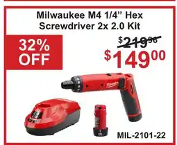 Atlas Tools & Machinery Milwaukee M4 1/4 Hex Screwdriver 2x 2.0 Kit offer