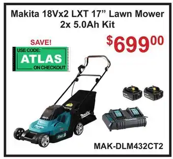 Atlas Tools & Machinery Makita 18Vx2 LXT 17 Lawn Mower 2x 5.0Ah Kit offer