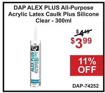 Atlas Tools & Machinery DAP ALEX PLUS All-Purpose Acrylic Latex Caulk Plus Silicone Clear - 300ml offer