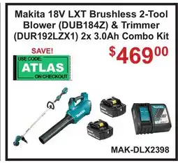 Atlas Tools & Machinery Makita 18V LXT Brushless 2-Tool Blower (DUB184Z) & Trimmer (DUR192LZX1) 2x 3.0Ah Combo Kit offer