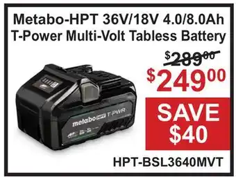 Atlas Tools & Machinery Metabo-HPT 36V/18V 4.0/8.0Ah T-Power Multi-Volt Tabless Battery offer