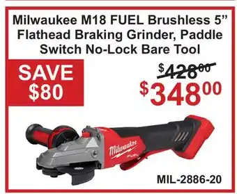 Atlas Tools & Machinery Milwaukee M18 FUEL Brushless 5 Flathead Braking Grinder, Paddle Switch No-Lock Bare Tool offer