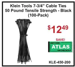 Atlas Tools & Machinery Klein Tools 7-3/4 Cable Ties 50 Pound Tensile Strength - Black (100-Pack) offer